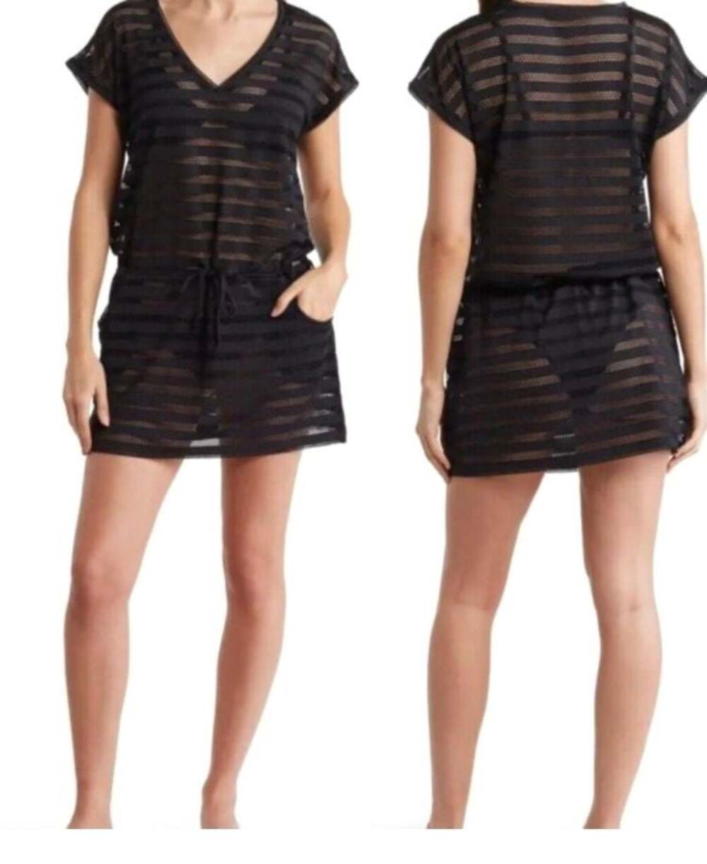 Wave Zone black  short sleeve cover-up sheer and mesh stripes dress tunic sz L
